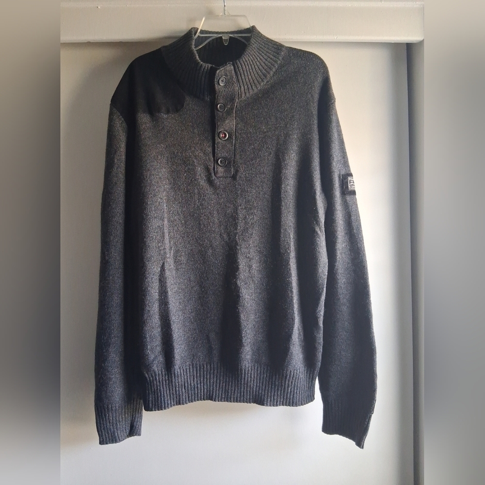 Marc Ecko Cut & Sew Henley Sweater Gray Large Retro Streetwear